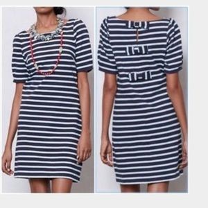 ANTHRO Postmark XS Navy/Green Striped Bow Mini Dress